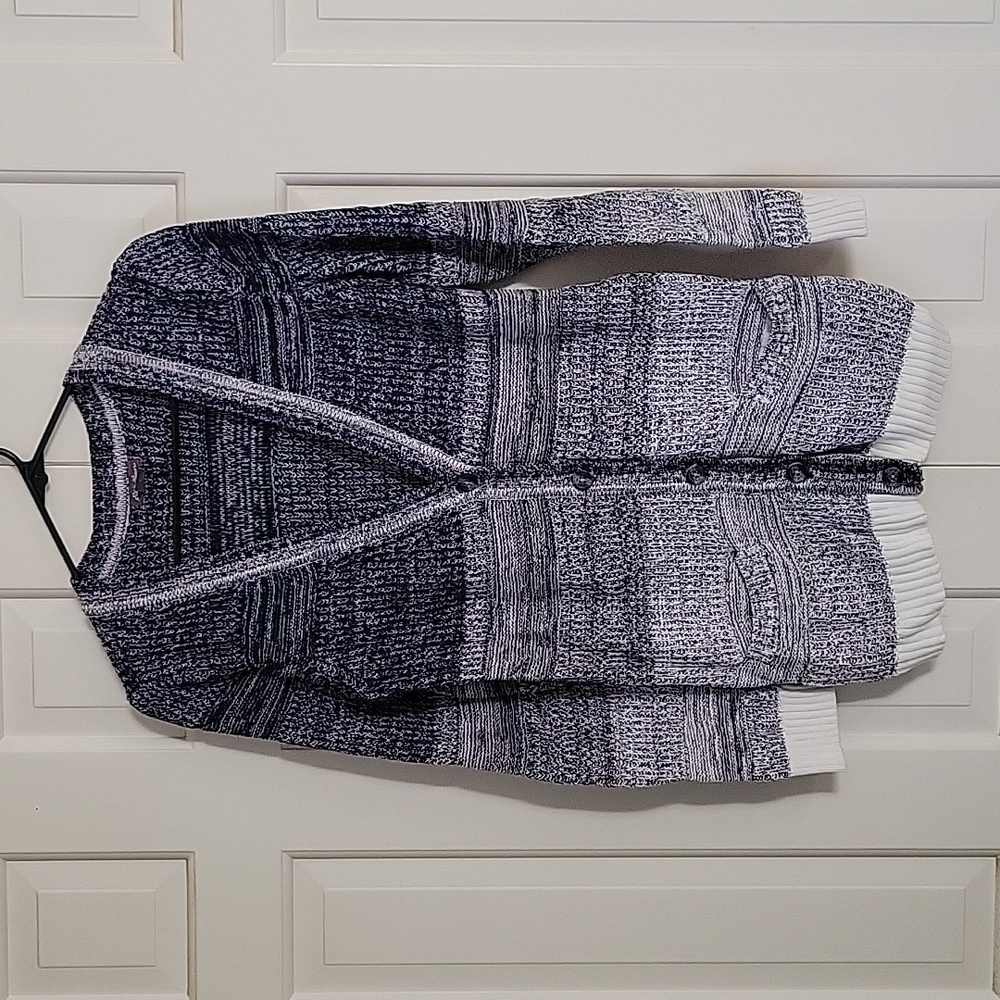 Eddie Bauer women's blue white textured v neck button down cardigan sweater sz M